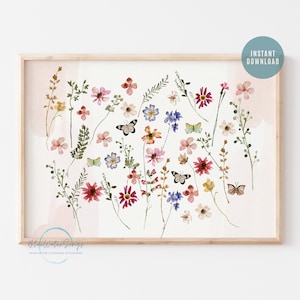 Aquarel geperste en gedroogde wilde bloemen print, botanische print, wilde bloemen en vlinders Art Print, lente zomer print, digitale download