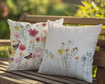 Housse de coussin fleurs sauvages aquarelles : Coussin décoratif floral de ferme