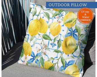 OUTDOOR Watercolor Lemon Pillows, Yellow and Blue Outdoor Summer Pillows Sicilian Style, Outdoor Pillows with Inserts, Waterproof Pillow