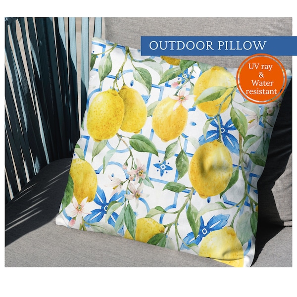 OUTDOOR Watercolor Lemon Pillows, Yellow and Blue Outdoor Summer Pillows Sicilian Style, Outdoor Pillows with Inserts, Waterproof Pillow