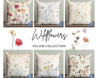 Watercolor Wildflowers Collection Pillow, Floral Throw Pillows, Botanical Pillow, Farmhouse Decorative Throw Pillow, Floral Pillow Case