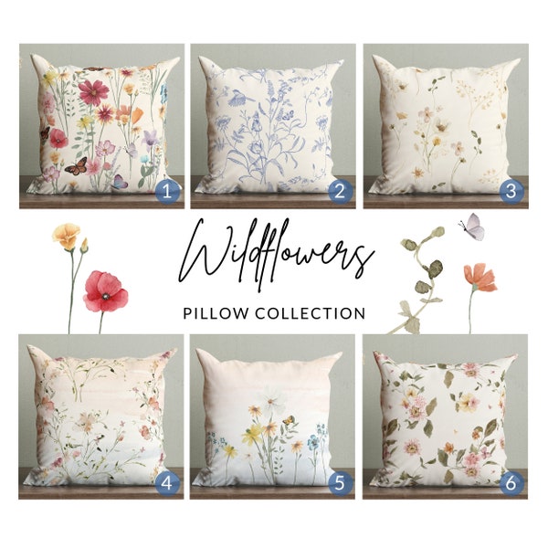 Watercolor Wildflowers Collection Pillow, Floral Throw Pillows, Botanical Pillow, Farmhouse Decorative Throw Pillow, Floral Pillow Case