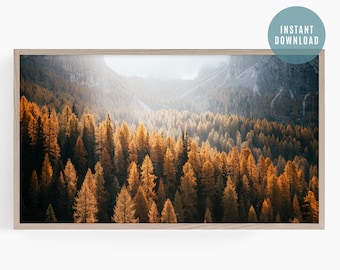 The Frame TV Art Fall, 4K Samsung Frame TV Art, Herbst Bergblick mit gelben Lärchen, erdige neutrale Herbst / Herbst Saison, digitale Datei