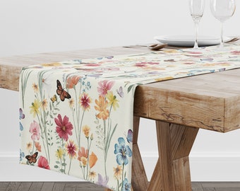 Aquarell Frühling Wildblumen Tischläufer aus Baumwolle oder Polyester