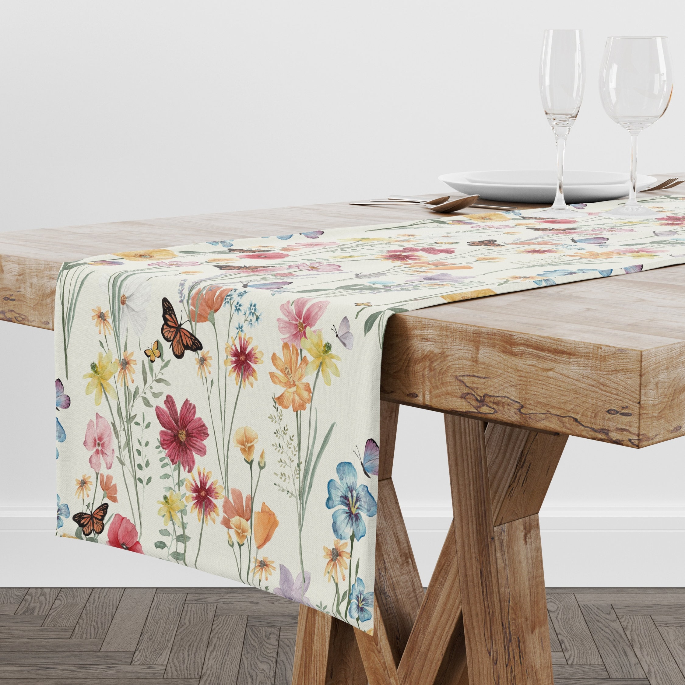 Dandelion & Butterfly Burlap Table Runner - 13x36 Inch, Rustic Floral, Farmhouse Table Decor