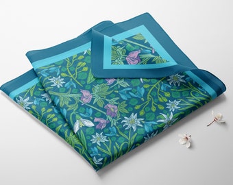 Blue Floral Silk Habotai Scarf: Lightweight Scarves, Retro Style
