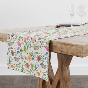 Bunnies and Flowers Spring Floral Table Runner, Easter Table Runner, Spring Table Runner, Cotton Floral Table Runner, Easter Decor