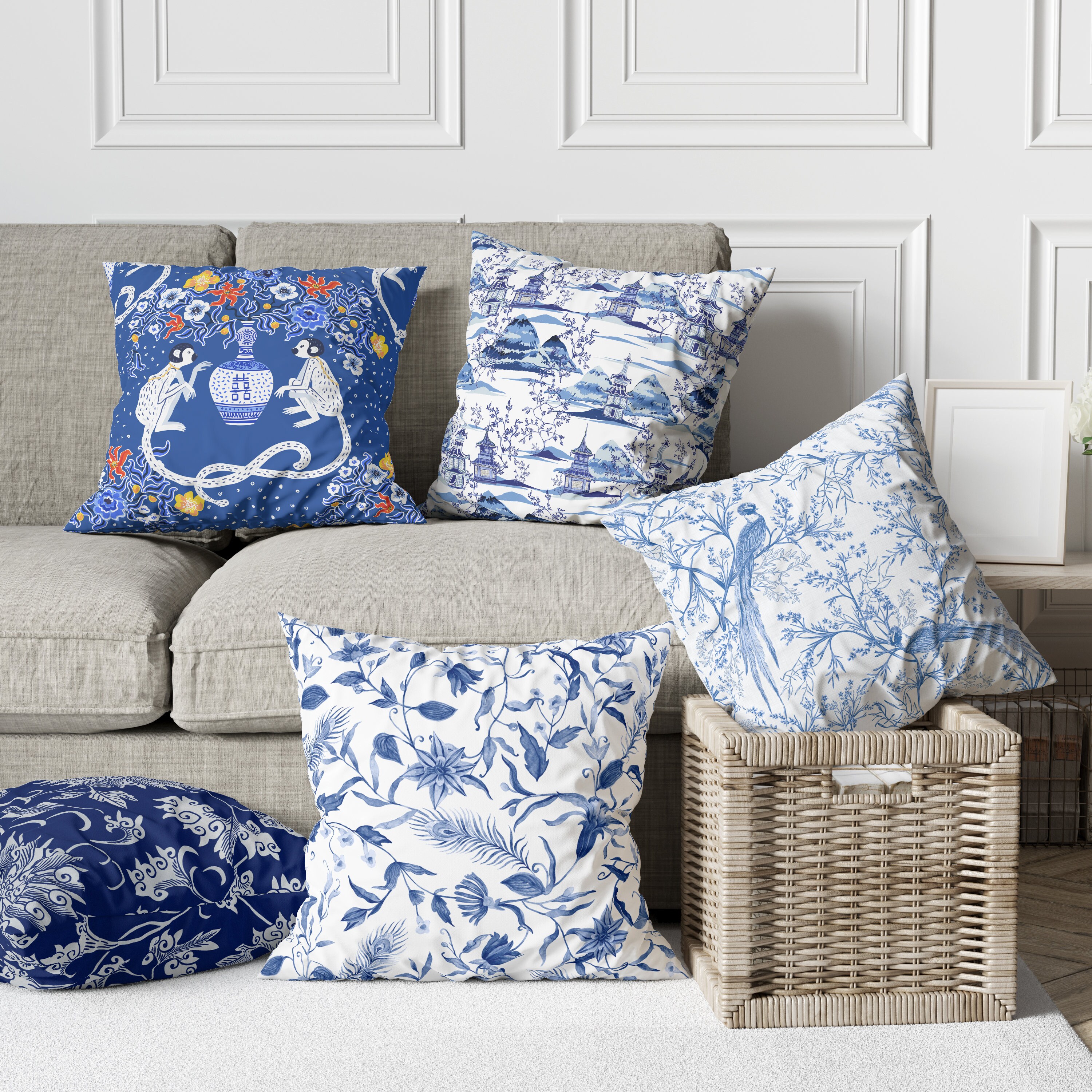 Blue Chinoiserie Pillow, Blue Cushion Cover, Blue Floral pillow, Chinoiserie Pillow, White Blue Throw Pillow, Chinoiserie Decor