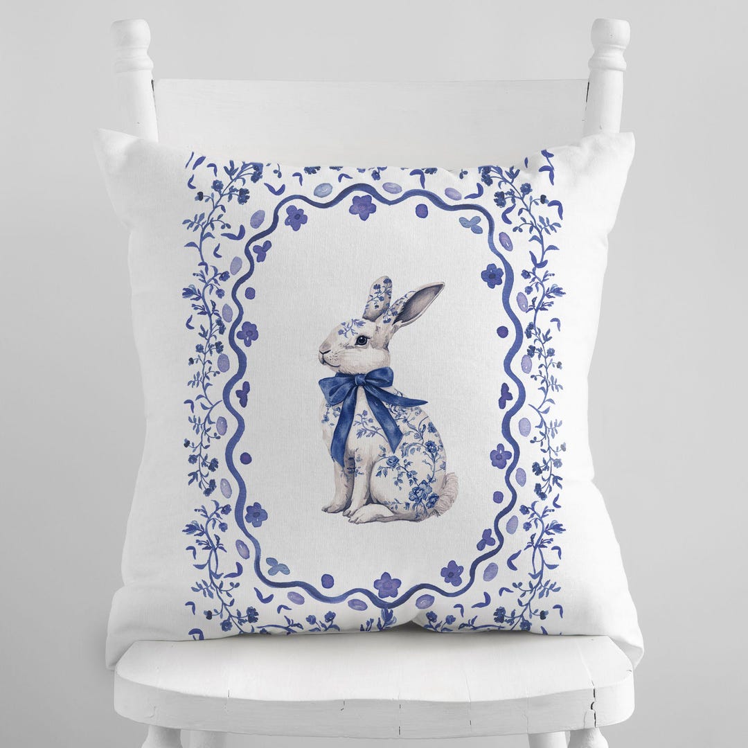 Blue Chinoiserie Rabbit Pillow Cover: Floral Easter Decor - Etsy