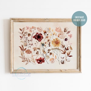 Impresión artística de flores silvestres, impresión de flores de herbario, impresión de hojas que caen en otoño, impresión de arte botánico, arte imprimible de otoño, arte de descarga digital