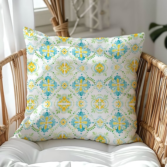 Beach Pillow Cover Watercolor Blue and Yellow Pillow Cover Summer Pillows Coastal Pillow Watercolor Pillow Beach House Decor Etsy