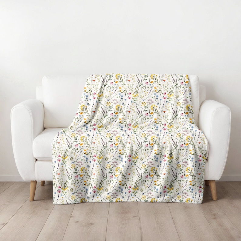 Wildflower Blanket, Watercolor Botanical Floral Blanket, Spring Summer blanket, Boho Wildflowers Blanket, velveteen blanket image 3