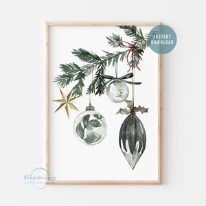 Watercolor Christmas Tree Ornaments Art, Christmas Baubles Print, Green Ornaments Print, Watercolor Pine Tree, Christmas Digital Download