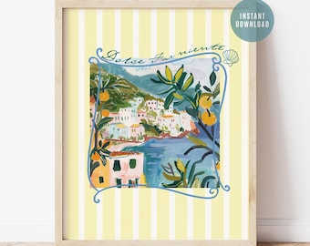 Arte mural imprimible de verano en Italia, decoración costera Dolce Far Niente, impresión de la costa de Amalfi con limones, impresión de La Dolce Vita, descarga digital