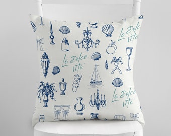 La Dolce Vita Pillow Cover, Blue Pillow Cover, Seashell Pillows, Coastal Pillow, Throw Pillow, Beach House decor