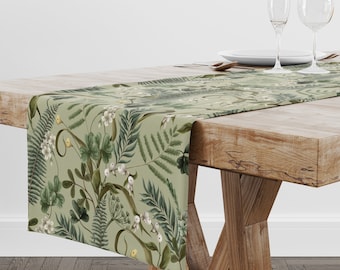 Green Botanical Table Runner: Spring Wildflower Cotton Farmhouse Decor