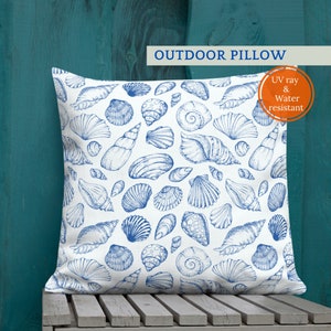 OUTDOOR Pillows, Seashell Outdoor Pillows, Blue Outdoor Pillow, Coastal Pillows, Beach Cushions, Waterproof Pillow, Nautical Pillow