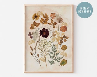 Flowers Art Print, Botanical Poster, Falling Leaves Fall Print, Botanical Farmhouse Art Print, Fall Printable Art, Digital Download Art