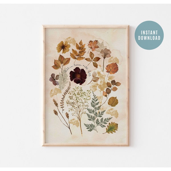 Flowers Art Print, Botanical Poster, Falling Leaves Fall Print, Botanical Farmhouse Art Print, Fall Printable Art, Digital Download Art
