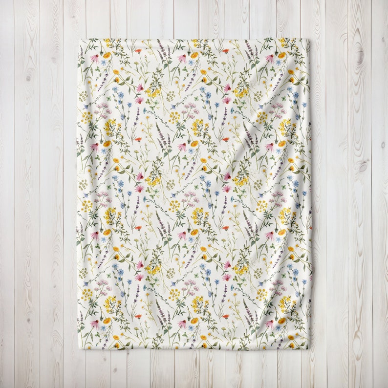 Wildflower Blanket, Watercolor Botanical Floral Blanket, Spring Summer blanket, Boho Wildflowers Blanket, velveteen blanket image 2