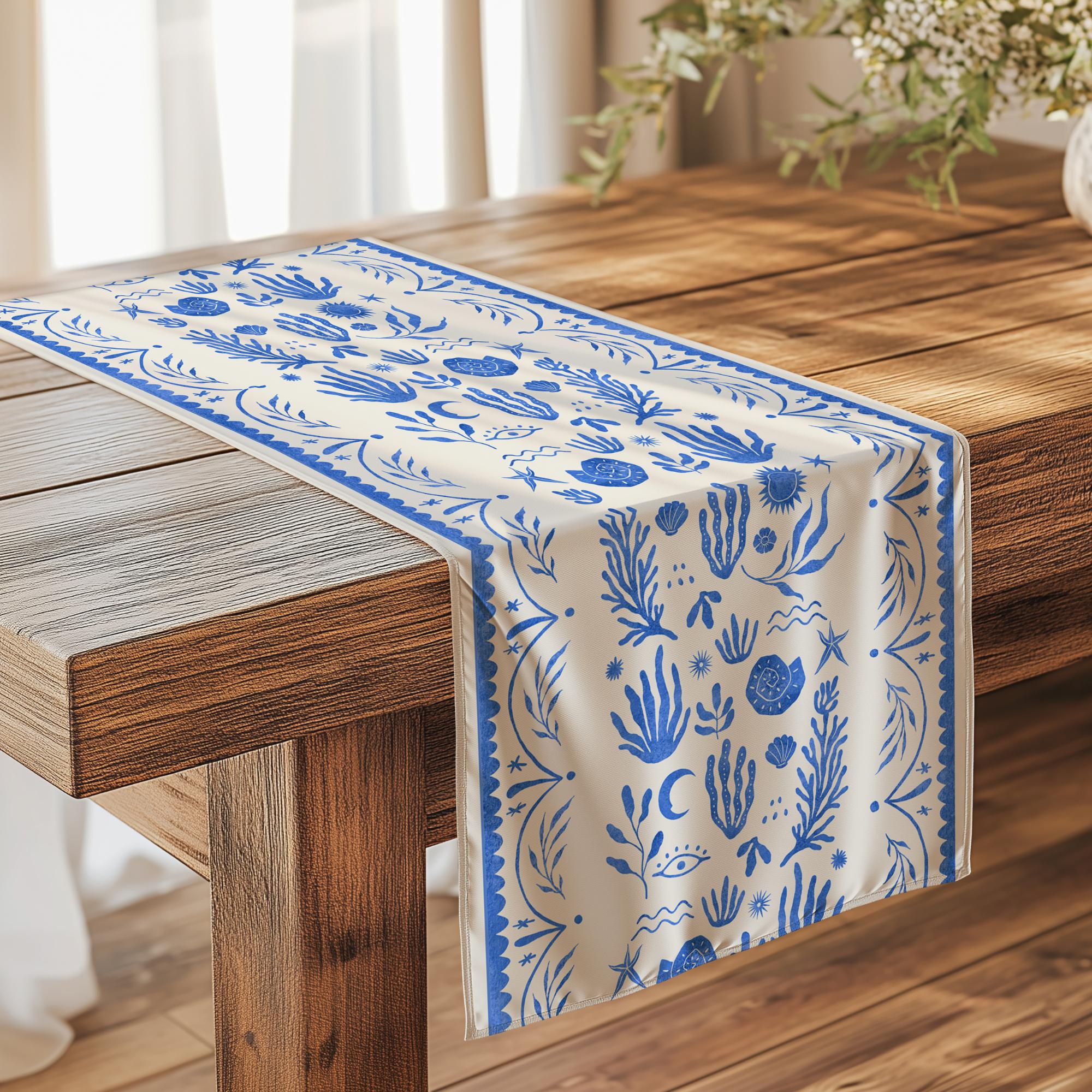 Mediterranean Blue Table Runner – Sea-Inspired Hand Drawn Design, Summer Table Runner, Beach Decor, Mediterranean Style