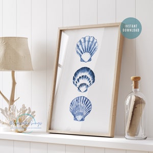 Watercolor Blue Seashell art Print, Sea Shell Art, Modern Coastal Art, Coastal Wall Art, Nautical Wall Art, Summer Print, Digital Download