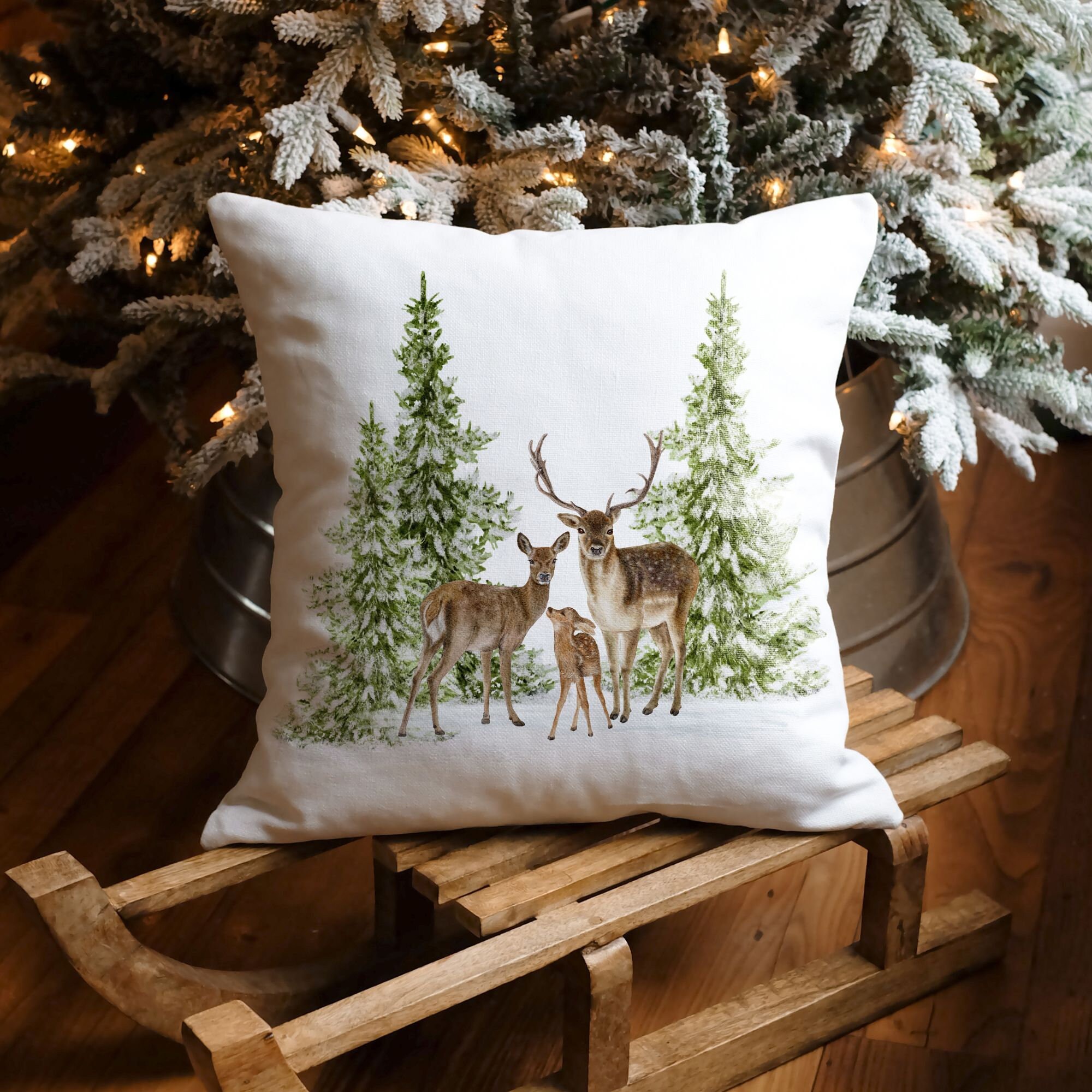 Winter Tree and Deer Pillow Cover Christmas Deer Pillow Cover Watercolor Pine Tree Pillow Forest Tree Pillow Cover Farmhouse Pillow Etsy