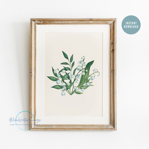 Watercolor Lily of The Valley Print, Botanical Art Print, Lily of the Valley Wall Art, May Flower, Birth Flower Watercolor, instant Download