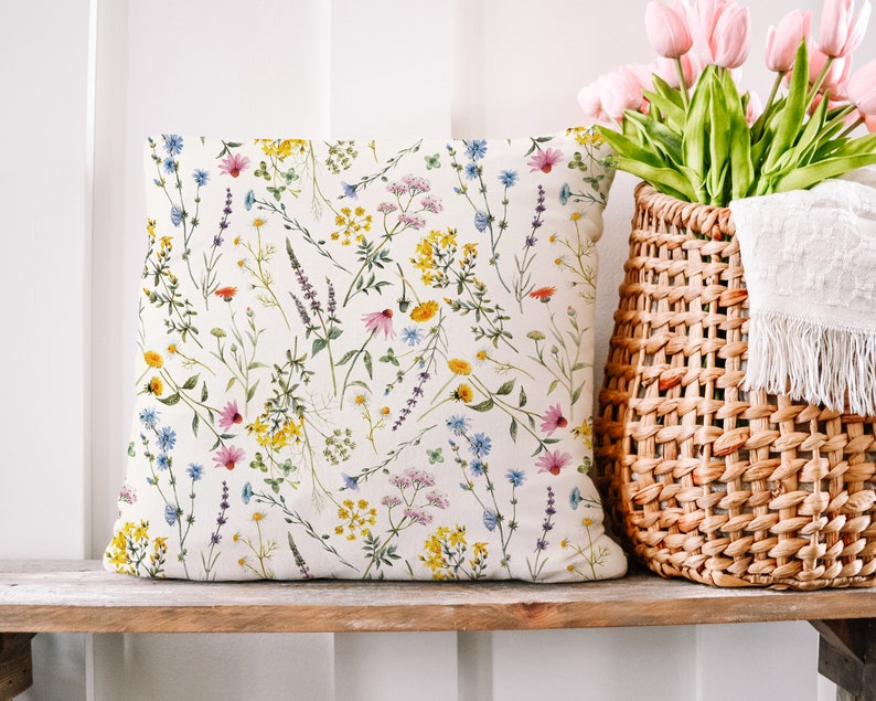 Wildflowers Pillow Covers, Watercolor Spring Summer Pillow Cover, Colorful Flower Pillowcase, Farmhouse Throw Pillow, Spring Home Decor zdjęcie 7