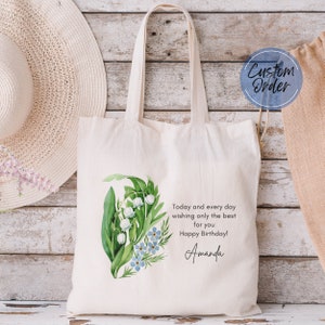May Birth Flower Lily Of The Valley Tote Bag, Personalized Birthday Gifts, May Birthday Gift, Floral Tote Bag, Lily of the Valley Gift
