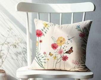 Funda de almohada con flores silvestres de acuarela: Cojín floral primaveral