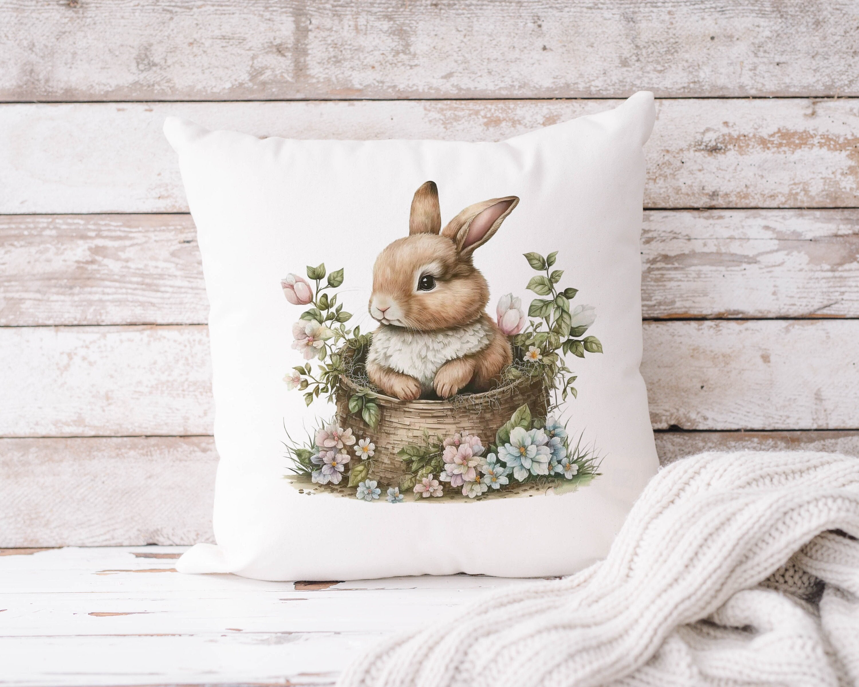 Vintage Watercolor Bunny Pillow Easter Bunny Bunny and Flowers Pillow Cover Easter Rabbit Pillow Bunny Gift Farmhouse Pillows Etsy