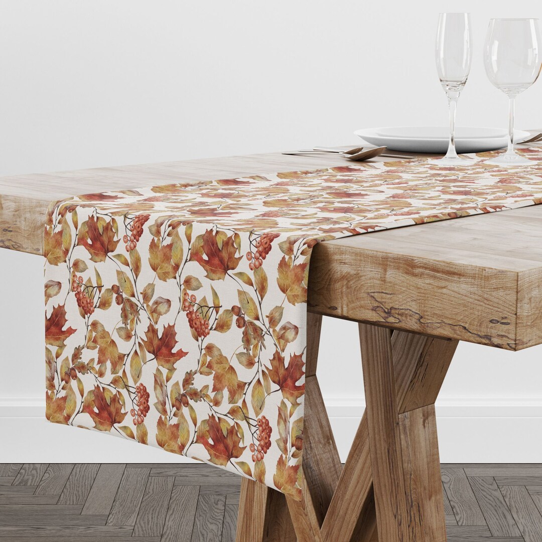 Fall Table Runner, Watercolor Fall Leaves Table Runner, Fall Botanical ...
