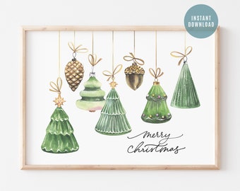 Watercolor Christmas Ornaments Art Print: Green Farmhouse Decor (Digital Art)