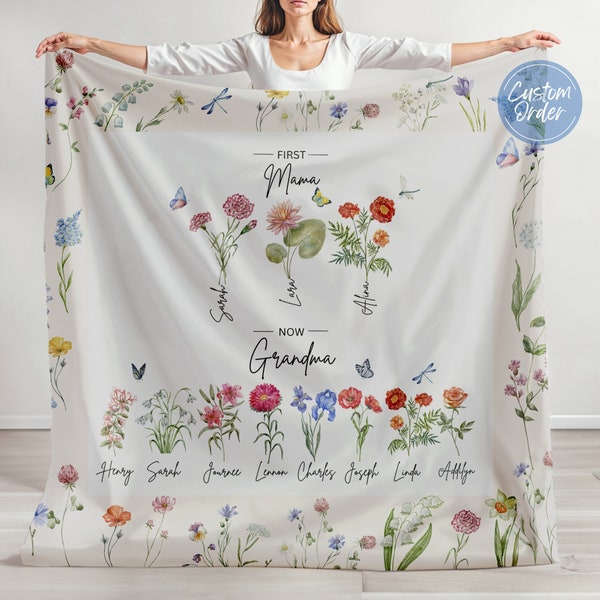 First Mom Now Grandma Blanket, Grandma's Garden Blanket, Mothers Day, mothers day gift for grandma, Birth Month Flower Gift For Grandma