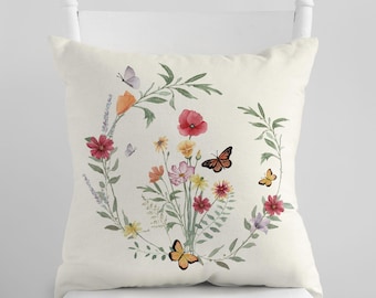 Set Di 4 Federe Per Cuscino 45x45 Cm | Fiori A Acquerello Primaverili Con Citazioni | Lino Poliestere