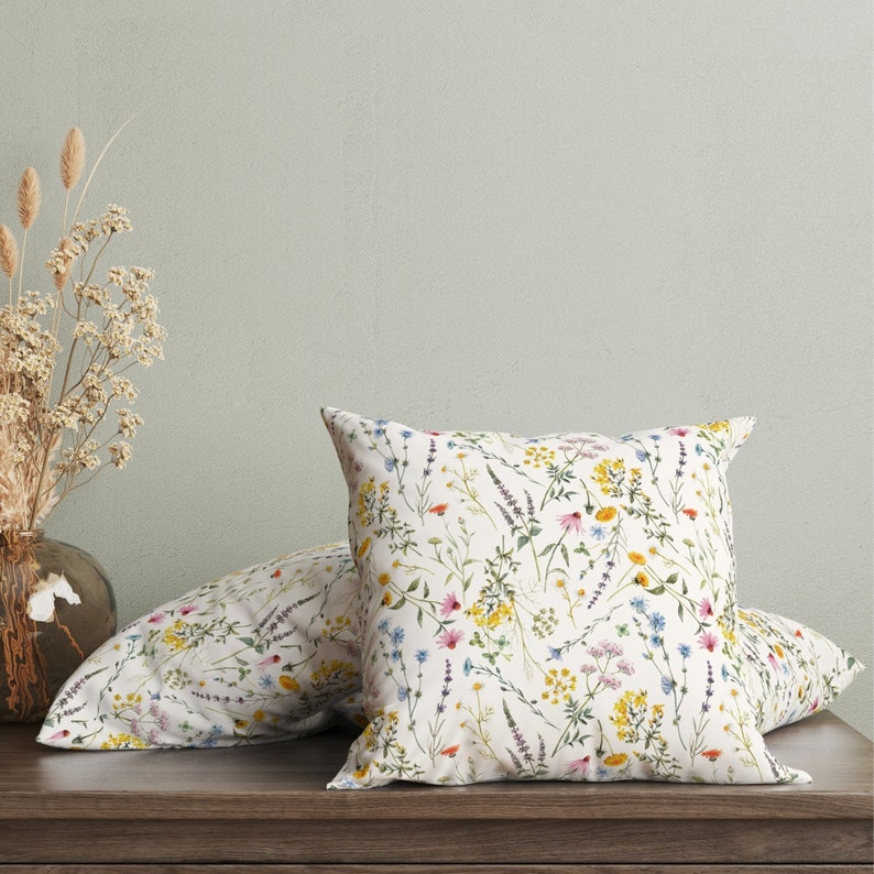 Wildflowers Pillow Covers, Watercolor Spring Summer Pillow Cover, Colorful Flower Pillowcase, Farmhouse Throw Pillow, Spring Home Decor zdjęcie 9