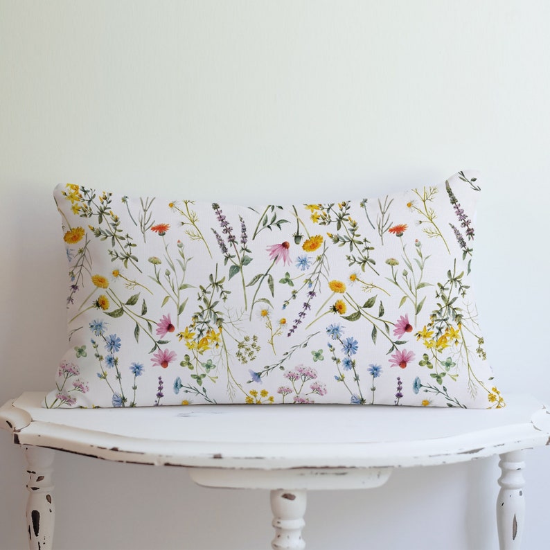 Wildflowers Pillow Covers, Watercolor Spring Summer Pillow Cover, Colorful Flower Pillowcase, Farmhouse Throw Pillow, Spring Home Decor zdjęcie 4