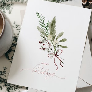 COMBO 5 CARDS Watercolor Christmas Card, Christmas Wreath Cards, Merry and Bright Card, Winter Botanical Christmas Cards, Watercolor Cards