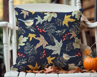 Autumn Birds and Leaves Pillow Cover: Botanical Fall Decor