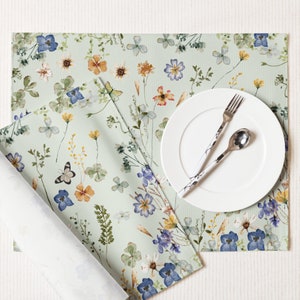 Watercolor Green and Blue Wildflowers Placemats, Flower placemats, Spring Summer Floral Placemats, Watercolor Botanical Spring Placemats