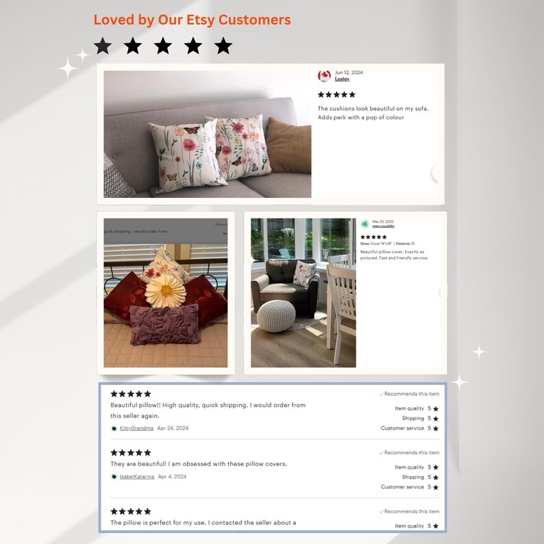 May include: Customer reviews for floral pillow covers. The reviews are positive and include images of the pillow covers on sofas and chairs. The reviews mention the quality, shipping speed, and customer service.