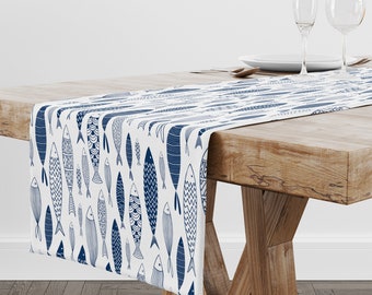 Blue Fishes Beach Table Runner, Coastal Table Runner, Spring Summer Table Runner, Nautical Table Runner, Beach House Table Runner
