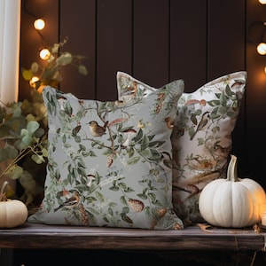 Birds and Mushrooms Pillow Cover, Mushroom Pillowcase, Woodland Fall Pillows, Cottagecore Pillows, Botanical Pillow covers, Farmhouse Pillow