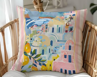 Mediterranean Coastal Throw Pillow: Pink Stripes, Seaside Decor