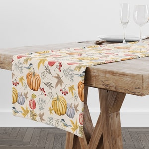 Corredor de mesa de otoño, Camino de mesa botánico de hojas de otoño de calabaza de pájaros, Corredor de mesa de calabaza, Corredor de mesa botánico de otoño, Decoración del hogar de otoño