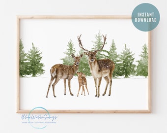 Winter-Hirsch-Druck, Urlaub-Wand-Kunst, druckbare Weihnachten, Winterwald-Druck, Bauernhaus-Weihnachten, Weihnachten-Hirsch, digitaler Download