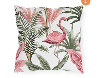 Cuscino da esterno con fenicottero, stampa di foglie tropicali, decorazione per patio in stile costiero, cuscino impermeabile