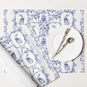 Watercolor Blue Chinoiserie Rabbit Placemat Set, Easter Placemats, Spring Summer Placemat Set, Fabric Placemats, Easter Decor, Spring decor