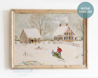 Affiche de Noël de ferme, impression d'arbre de Noël de maison d'hiver enneigée, impression de scène d'hiver, Noël de ferme, art numérique